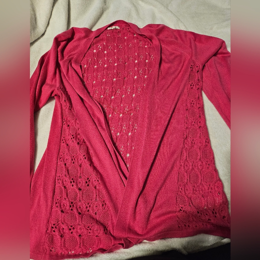 Maurices Pink Lace Open Cardigan